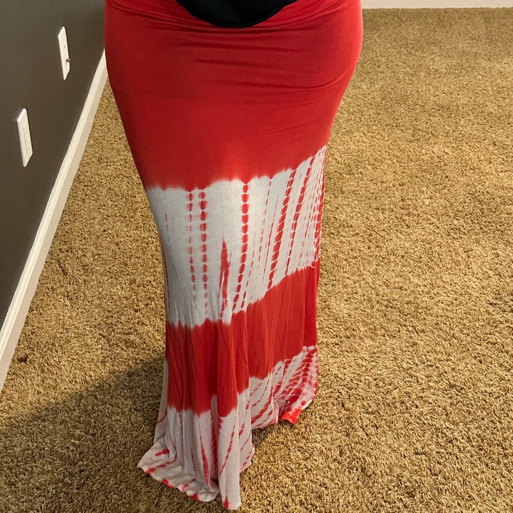 Red and White Tie-Dye Maxi Skirt
